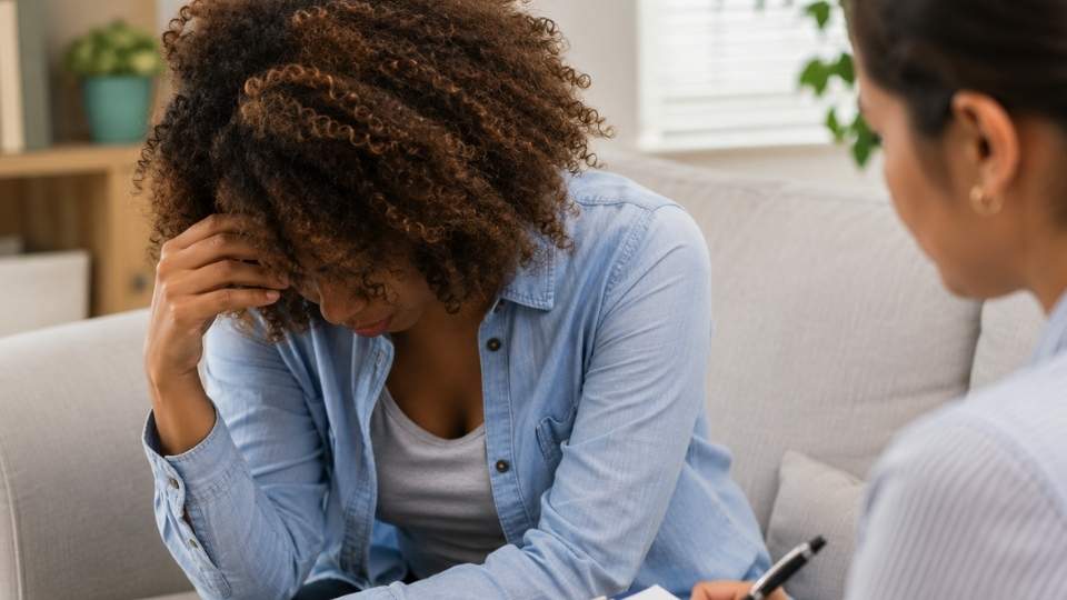 How Long Is an Intensive Outpatient Program a woman expresses emotion during her therapy session in IOP.