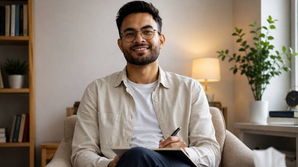 a therapist at inspiring minds looks at the viewer and takes notes.
