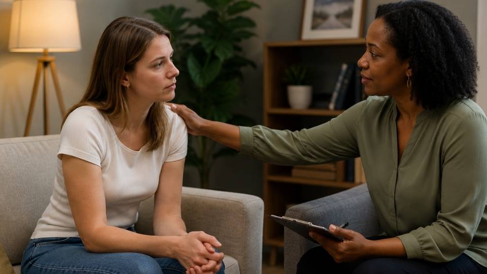 Are You a Good Candidate for a Partial Hospitalization Program a woman talks to a therapist while in an addiction recovery program.